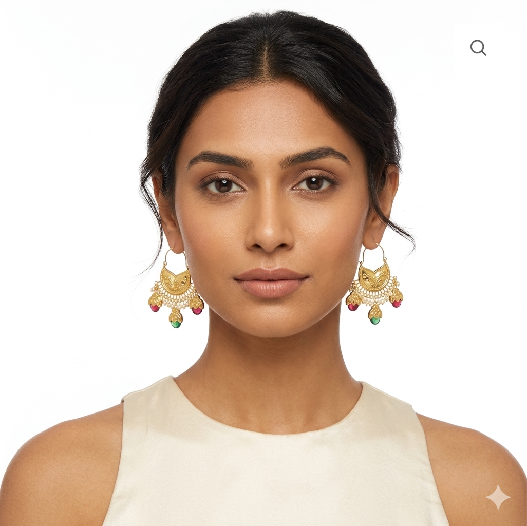 Bucket Bali with Multicolour Dakh J0612 | Punjabi Traditional Earrings