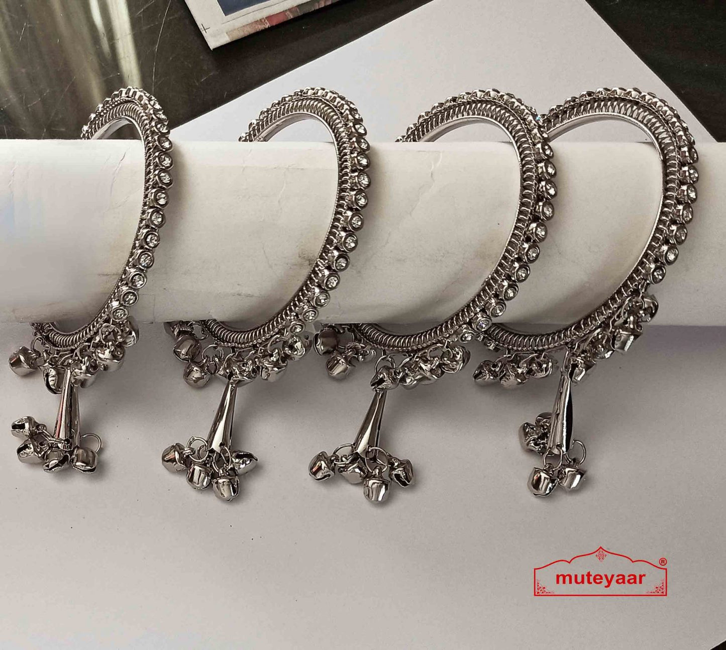 Ghungroo Bangles with Zircon Studs BN169 – Silver & Antique Golden