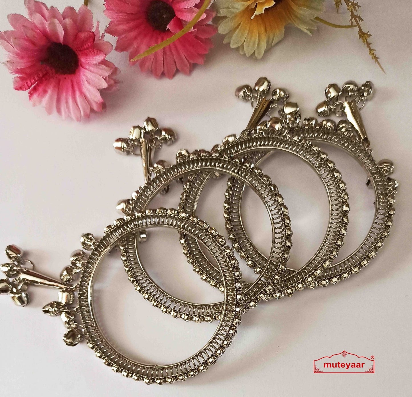 Ghungroo Bangles with Zircon Studs BN169 – Silver & Antique Golden
