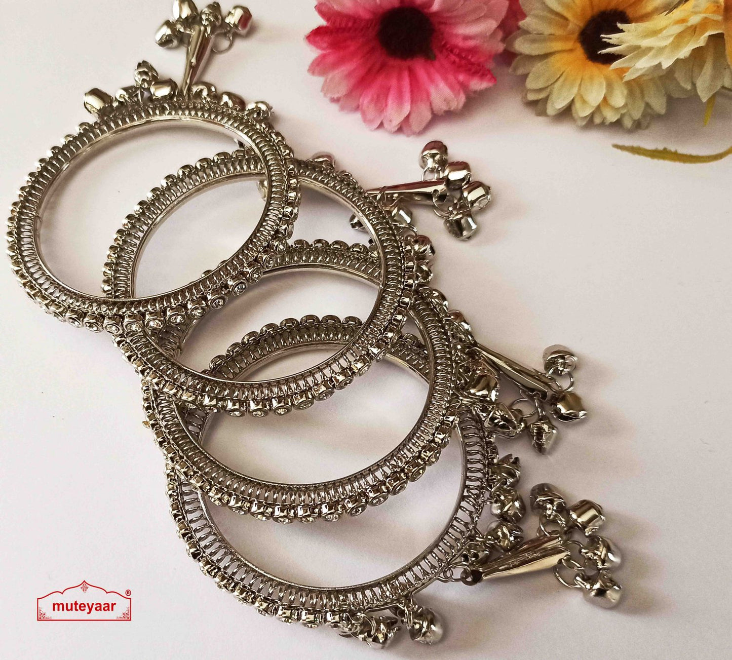 Ghungroo Bangles with Zircon Studs BN169 – Silver & Antique Golden