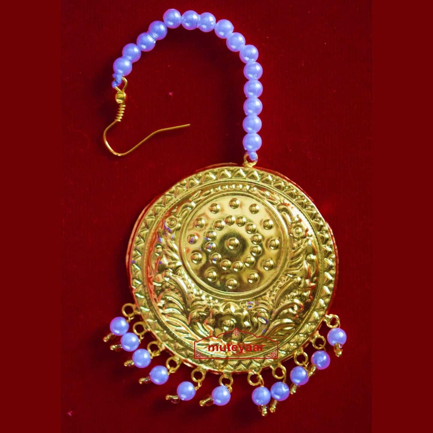 Large Maang Tikka J0117 | 2 Inch White Moti Punjabi Tikka for Giddha Bhangra