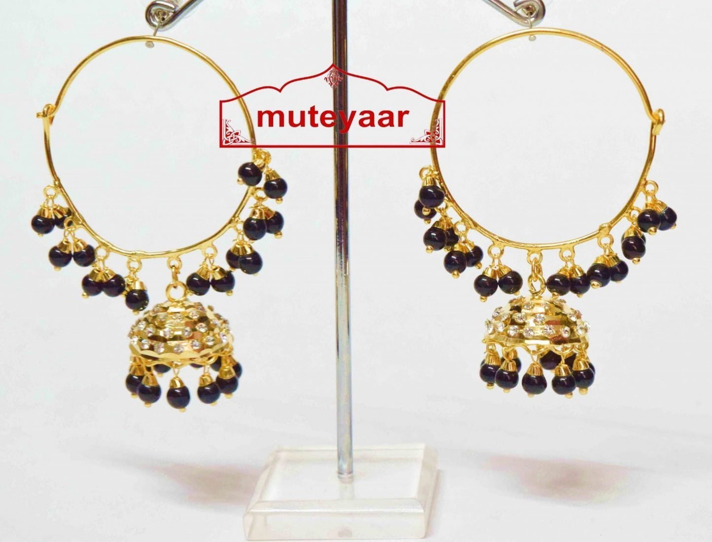 Black Beads Jadau Bali Earrings J0136 | Gold Polish Punjabi Earrings 2.5 Inch