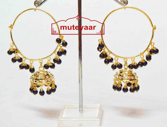 PJ- Black Beads Jadau Bali Earrings J0136 | Gold Polish Punjabi Earrings 2.5 Inch | Punjabi Bridal Jewellery