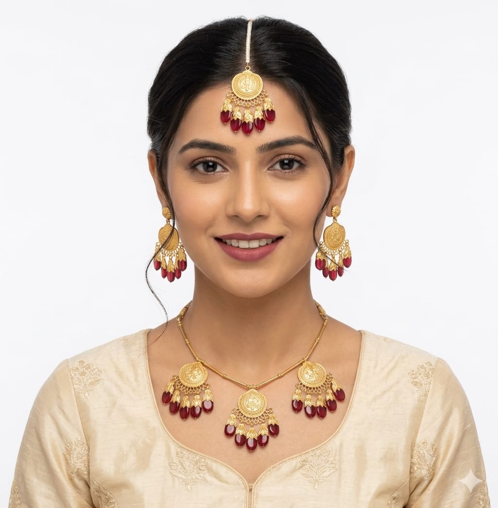 Gold Plated Traditional Punjabi Dakh Set J0209 | Necklace Earrings Tikka Premium Gold