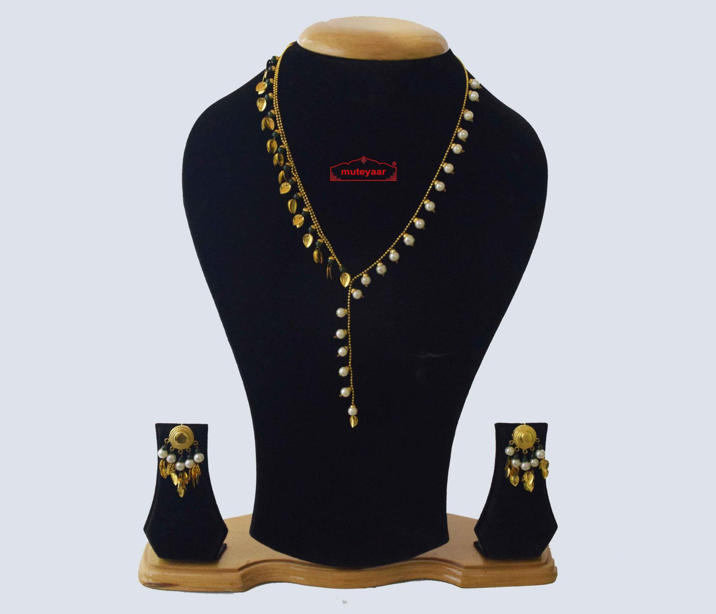 Gold Plated Punjabi Chain Set J0211 | Pipal Patti Designer Beads Chain with Earrings