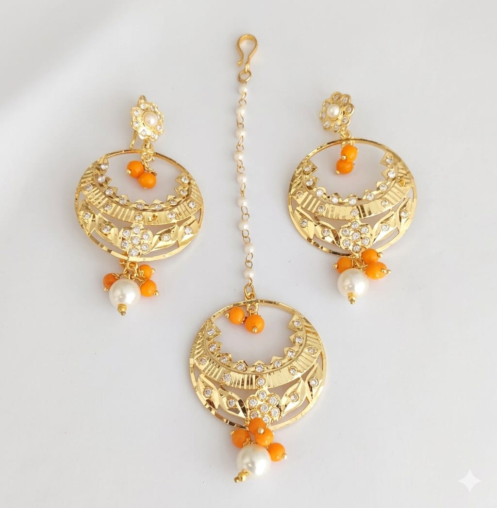 PJ- Gold Plated Traditional Tikka Earrings Set J0238 | Punjabi Maang Teeka Set | Punjabi Bridal Jewellery