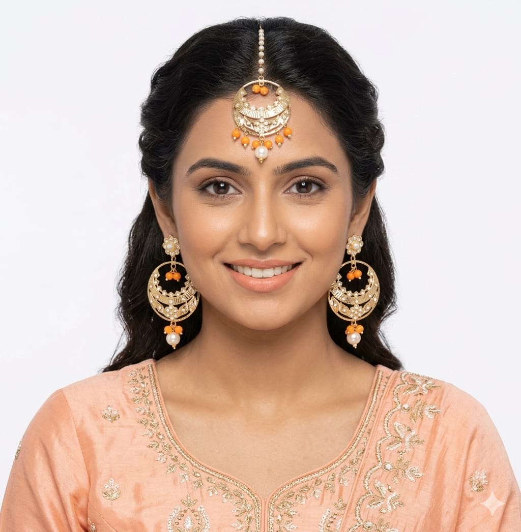 PJ- Gold Plated Traditional Tikka Earrings Set J0238 | Punjabi Maang Teeka Set | Punjabi Bridal Jewellery