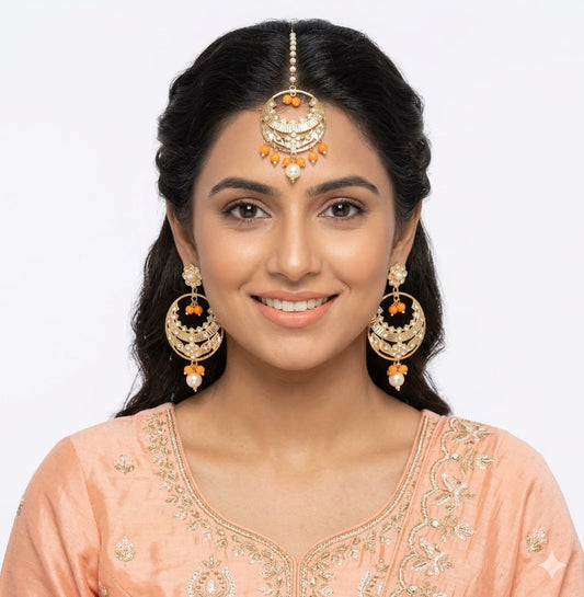 PJ- Gold Plated Traditional Tikka Earrings Set J0238 | Punjabi Maang Teeka Set | Punjabi Bridal Jewellery