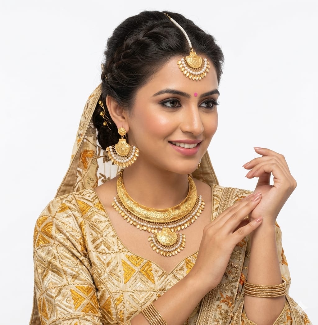 Gold Plated Hasli Set J0252 – Handmade Punjabi Necklace Earrings Tikka Jewellery