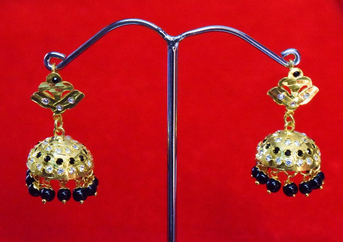 Black Beads Jadau Jhumki Earrings J0361 – Gold Polish Traditional Punjabi Earrings
