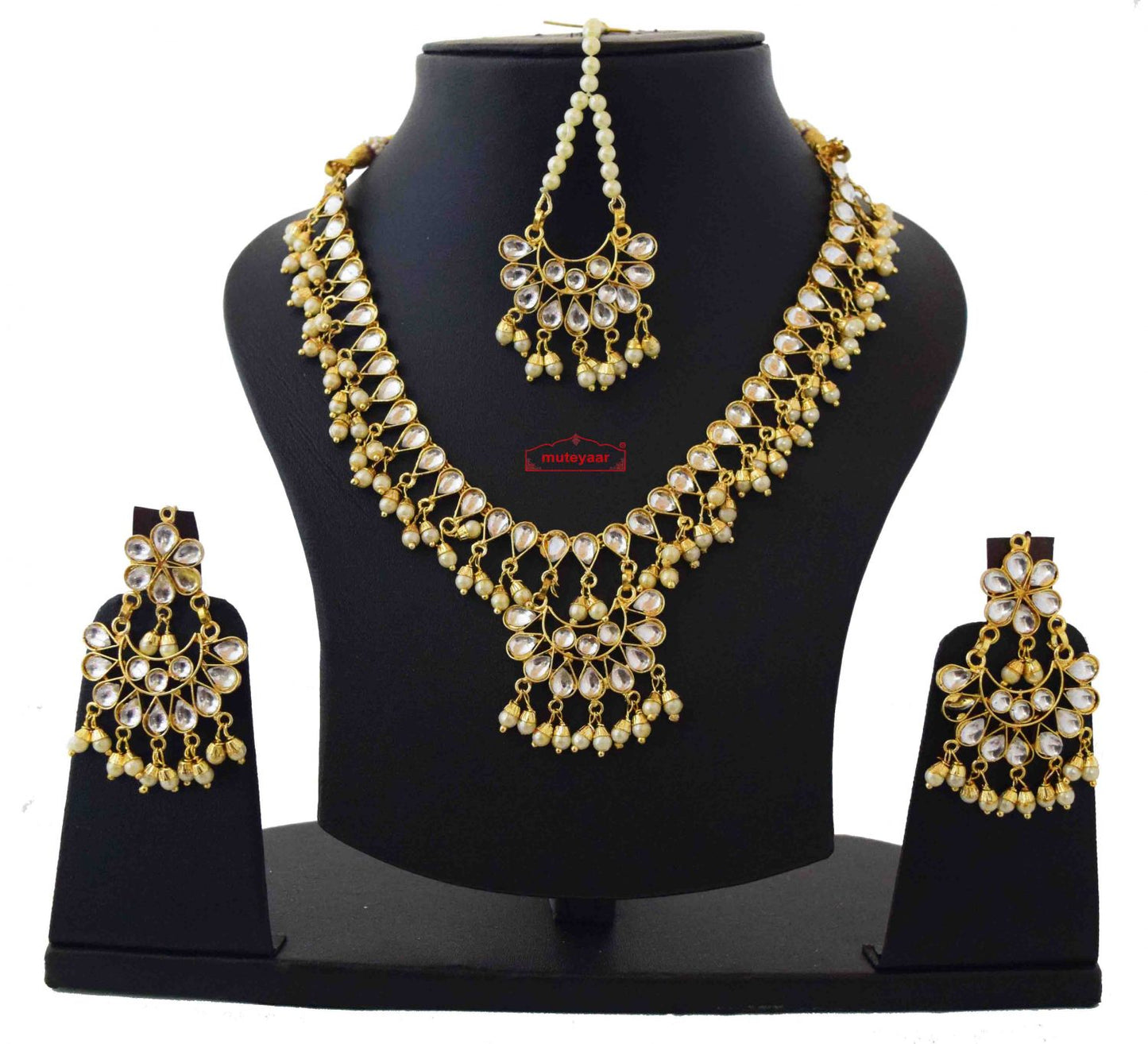 White Kundan Tikka Earrings Necklace Set J0371 – Punjabi Tikka Jewellery