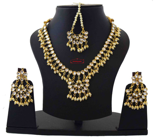PJ- White Kundan Tikka Earrings Necklace Set J0371 – Punjabi Tikka Jewellery | Punjabi Bridal Jewellery