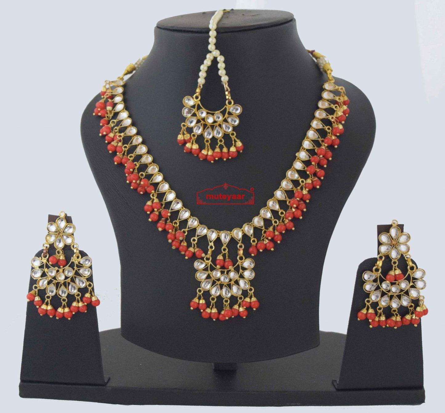 Kundan Necklace Earrings Tikka Set J0373 – Punjabi Tikka Jewellery Set