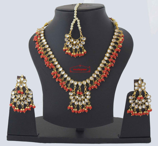 PJ- Kundan Necklace Earrings Tikka Set J0373 – Punjabi Tikka Jewellery Set | Punjabi Bridal Jewellery