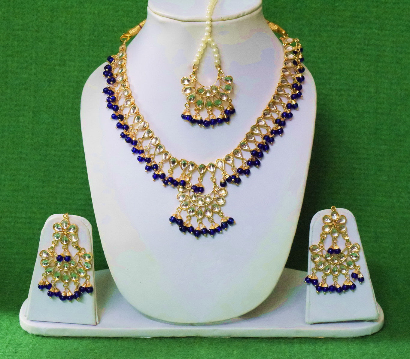 Blue Kundan Maang Teeka Set J0374 | Punjabi Tikka Necklace Earrings Jewellery