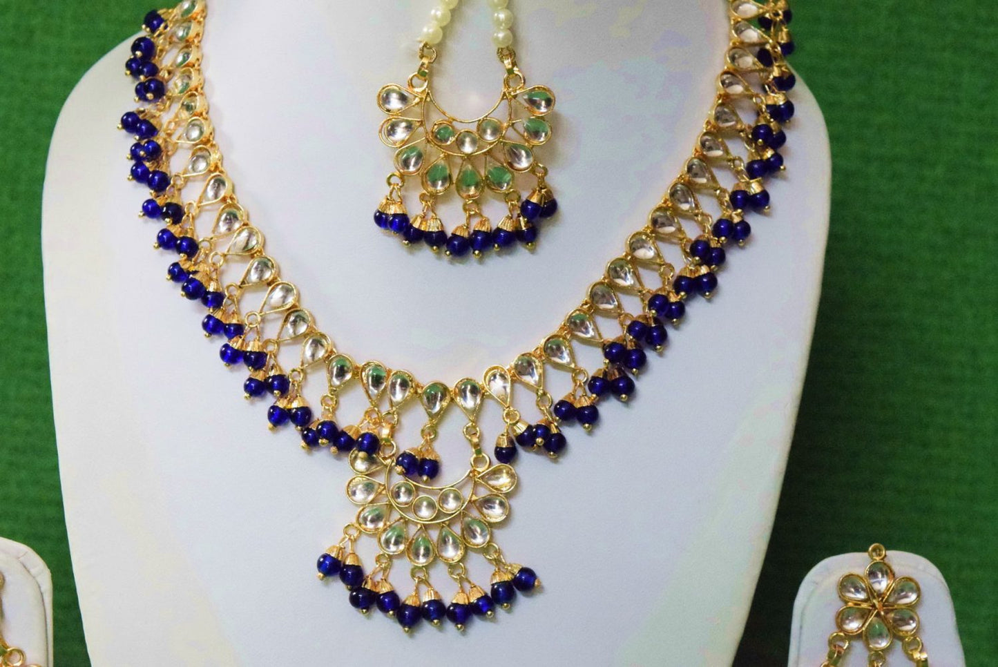 Blue Kundan Maang Teeka Set J0374 | Punjabi Tikka Necklace Earrings Jewellery