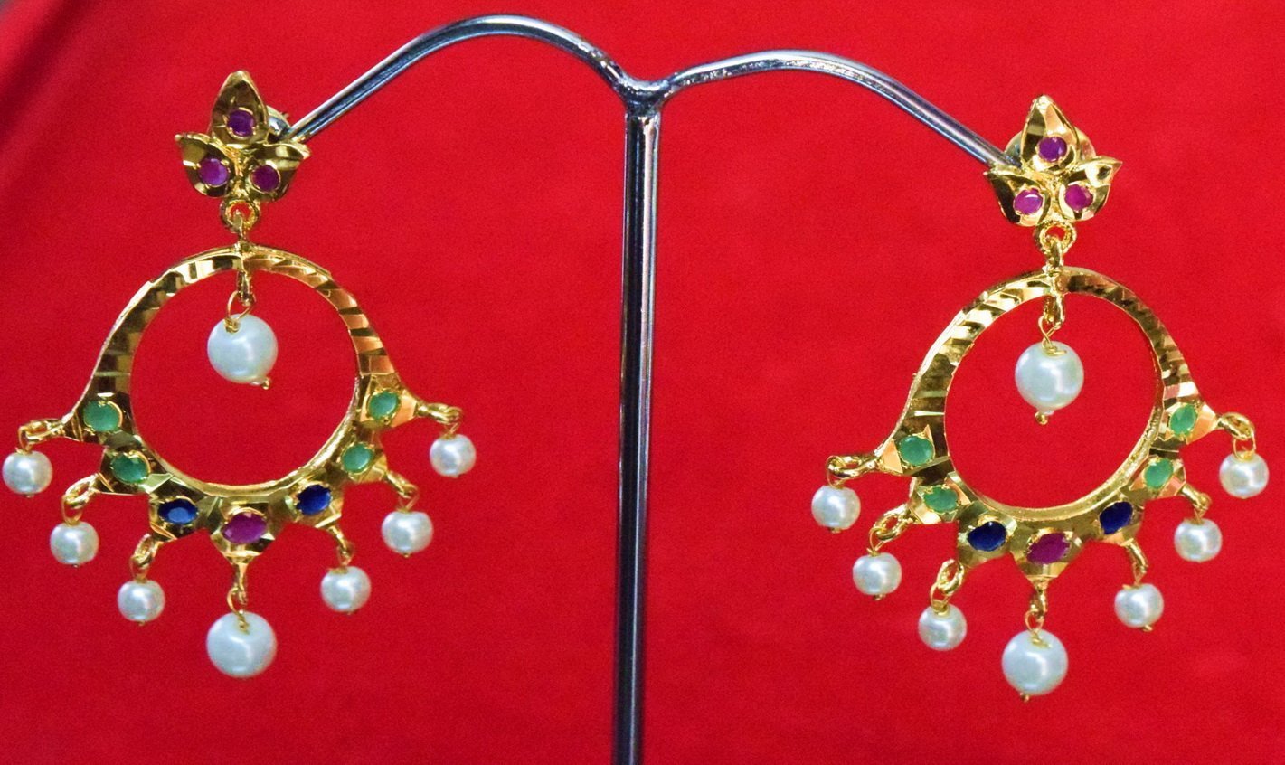 Jadau Gold Polished Punjabi Earrings J0379 | Traditional 2.5 Inch Bead Earring Set