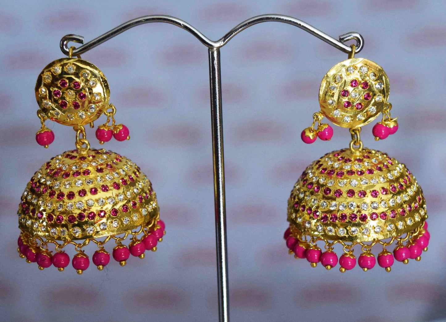 Big Jhumka with Magenta Beads J0423 – Punjabi Jadau Earrings Gold Polish