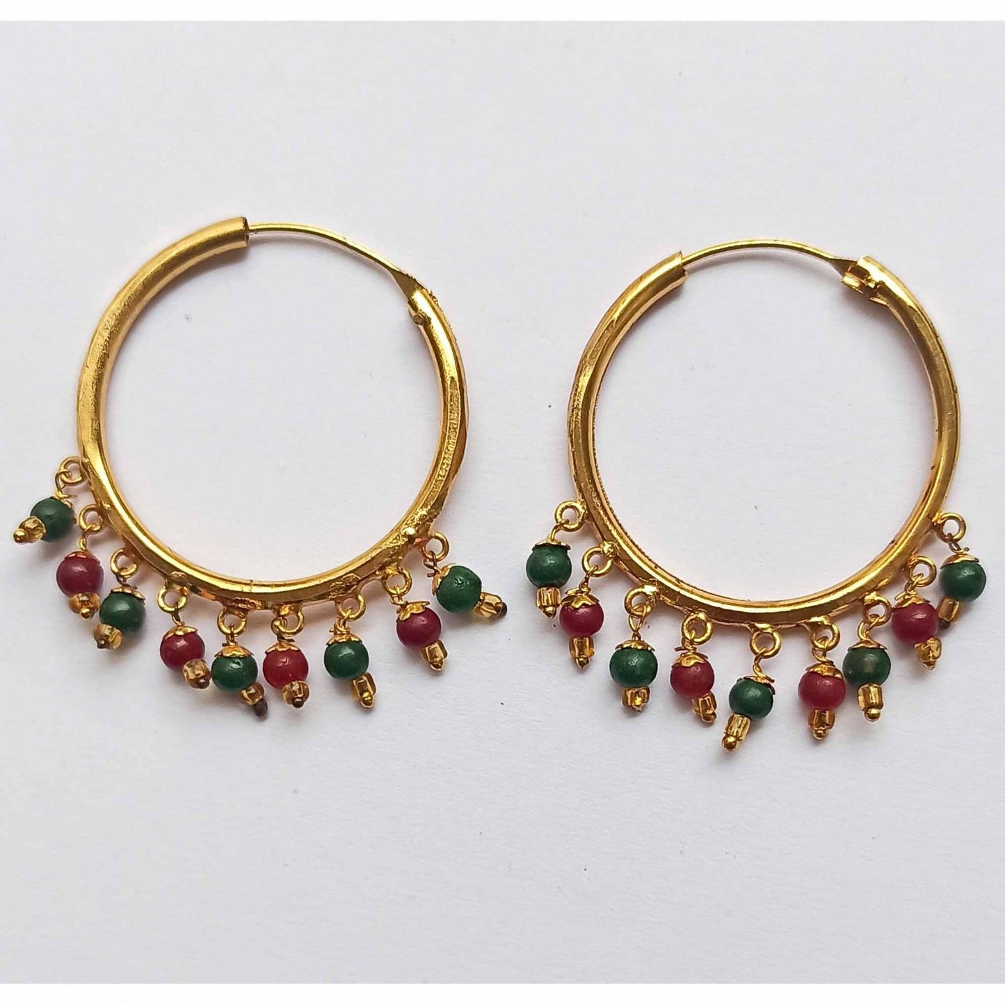 Golden Bali Earrings with Maroon Green Beads J0435 | Traditional Punjabi Bali 1 Inch