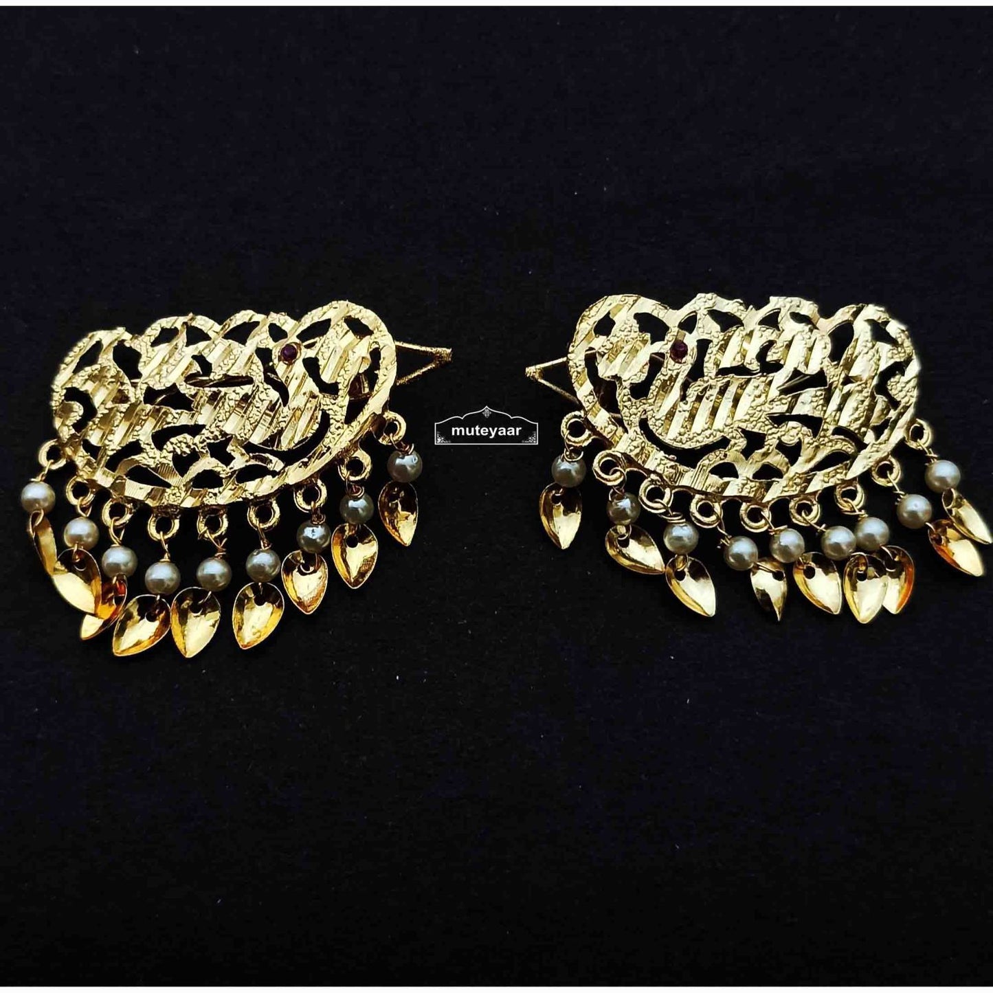 Gold Polished Party Wear Hair Clips Pair J0463 – Punjabi Hair Pins with Moti & Patti