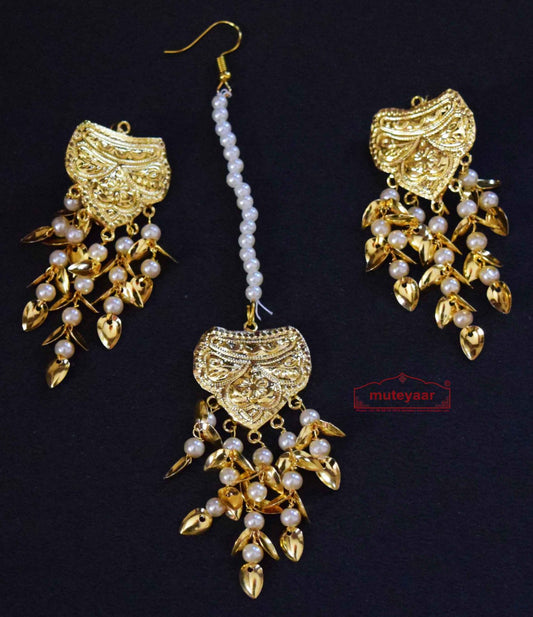 PJ- Gold Polished Tikka Earrings Set with White Moti J0486 – Punjabi Tikka Jewellery | Punjabi Bridal Jewellery