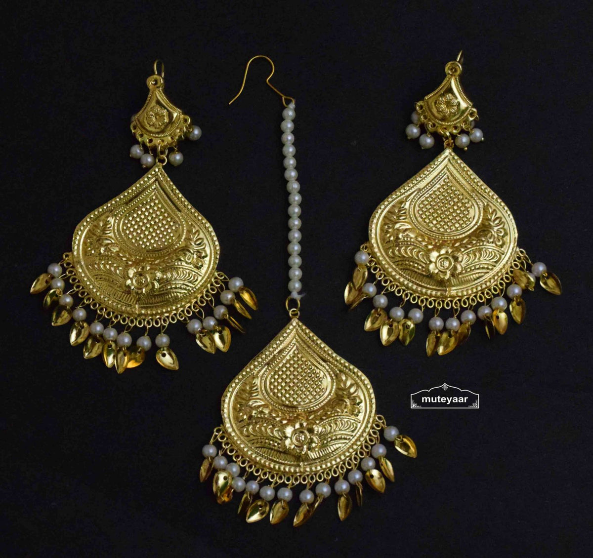 PJ- Tear Drop Punjabi Tikka Earrings Set J0496 | Maang Teeka Set Online | Punjabi Bridal Jewellery