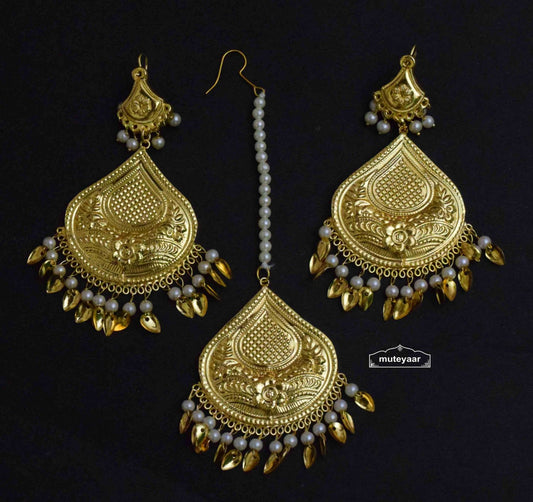 PJ- Tear Drop Punjabi Tikka Earrings Set J0496 | Maang Teeka Set Online | Punjabi Bridal Jewellery