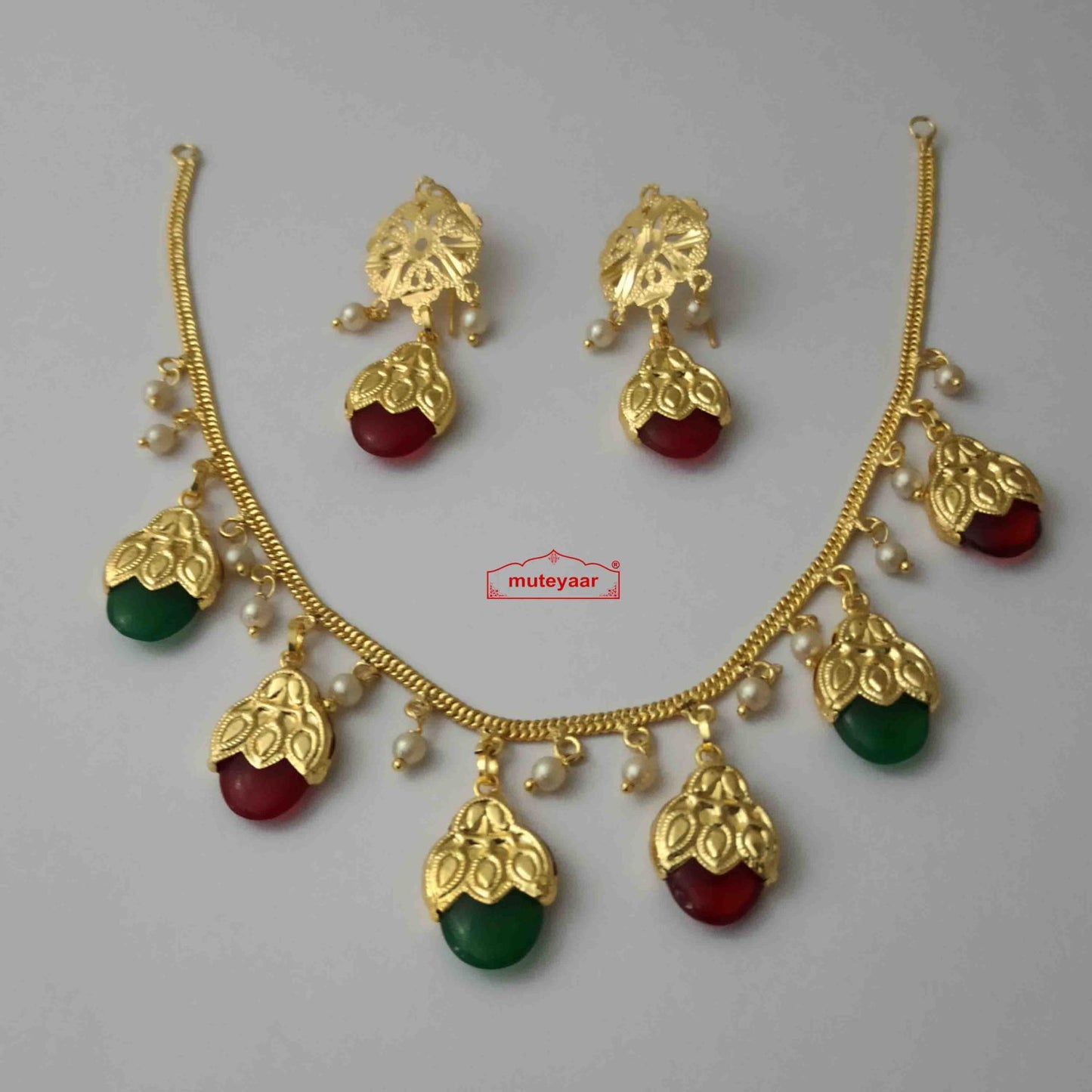 Red Green Dakh Necklace Set J0499 | Traditional Punjabi Jewellery with Earrings