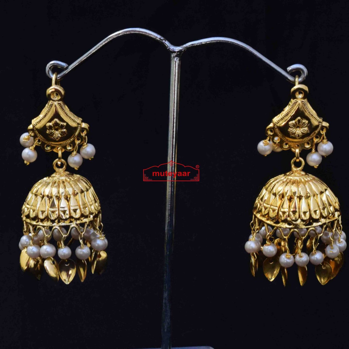 Golden Jhumki Set with White Beads J0500 | Small 2 cm Pearl Look Punjabi Jhumki