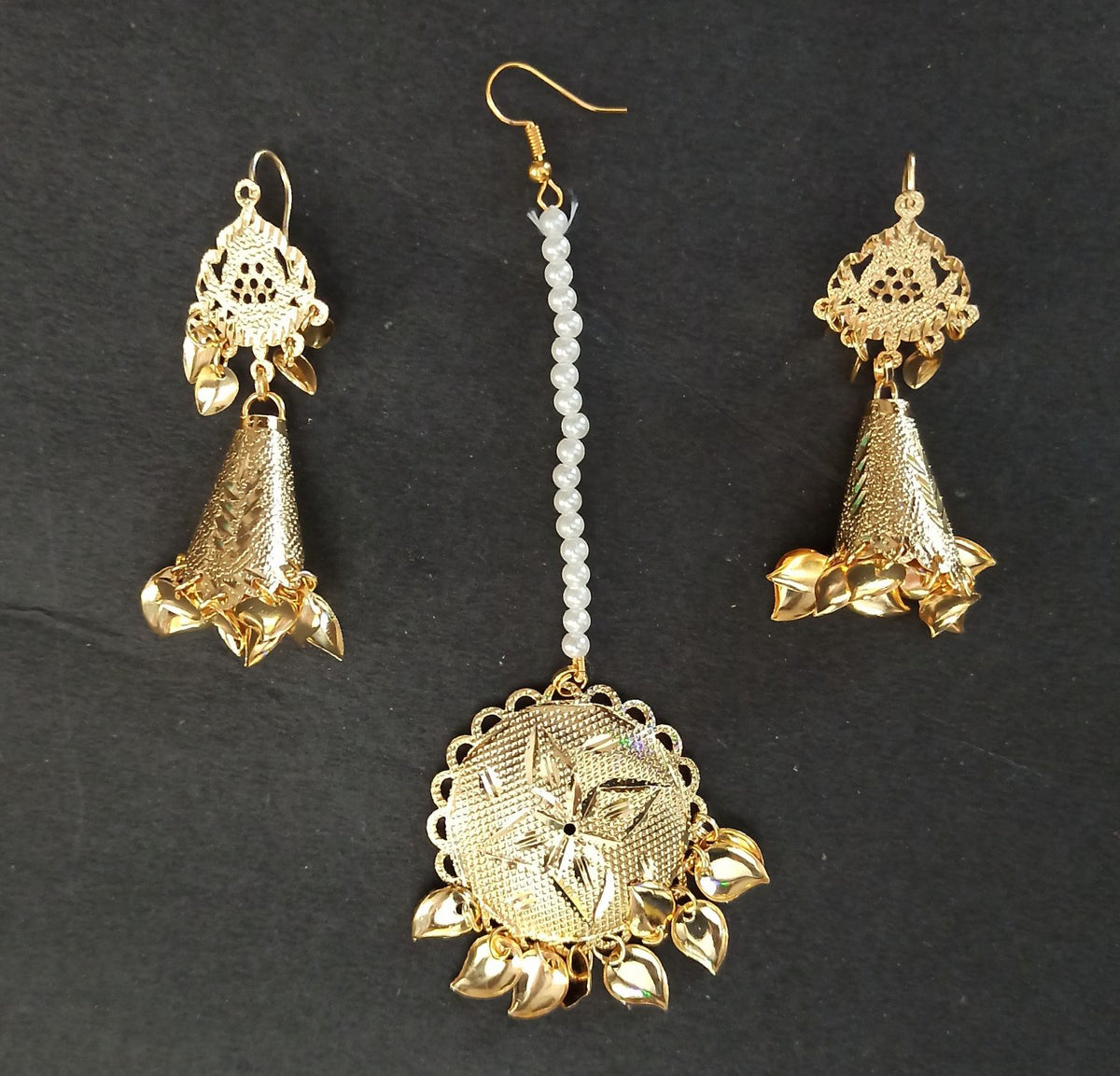 PJ- Cone Earrings Golden Tikka Set J0505 | Punjabi Maang Teeka Set | Punjabi Bridal Jewellery