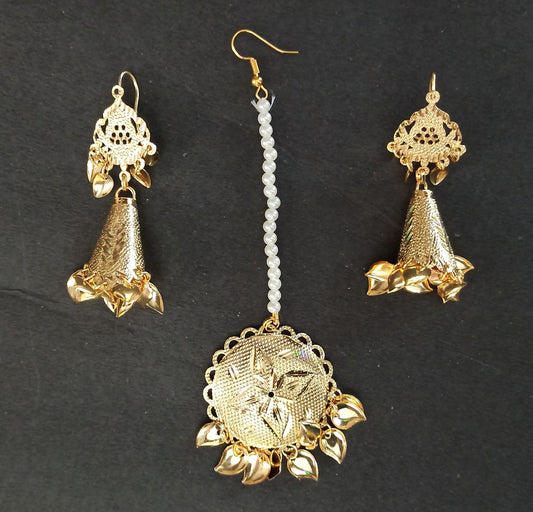 PJ- Cone Earrings Golden Tikka Set J0505 | Punjabi Maang Teeka Set | Punjabi Bridal Jewellery