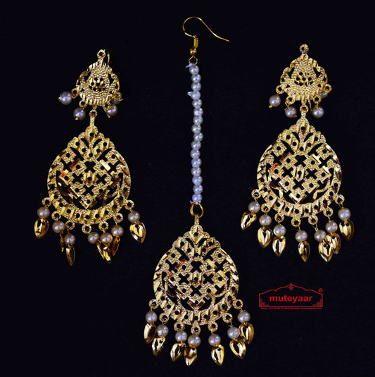 PJ- Golden Punjabi Tikka Earrings Set J0511 – Punjabi Tikka Jewellery Set | Punjabi Bridal Jewellery