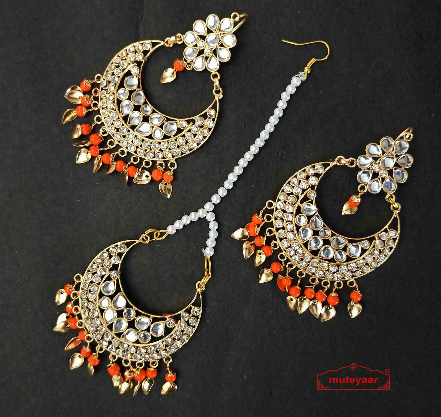 Kundan Tikka Earrings Set with Orange Beads J0518