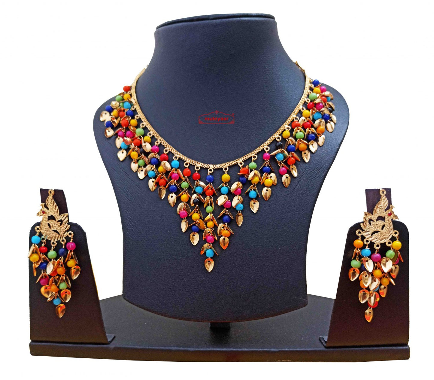 Multicolour Chain Set J0522 | Moti Beads & Golden Patti Lightweight Punjabi Necklace