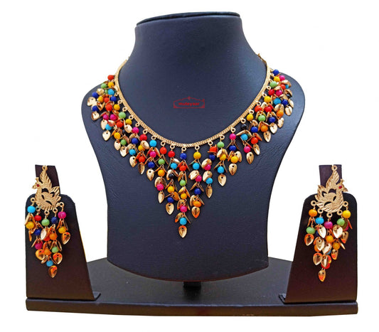 PJ- Multicolour Chain Set J0522 | Moti Beads & Golden Patti Lightweight Punjabi Necklace | Punjabi Bridal Jewellery