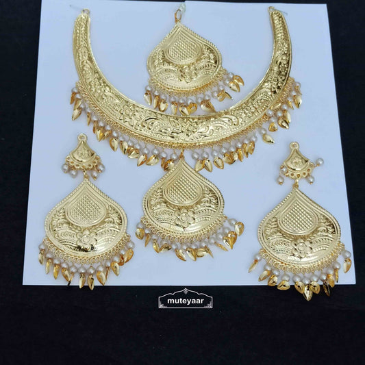 PJ- Hasli Tikka Earrings Set J0553 – Complete Punjabi Tikka Jewellery Set Golden Polish | Punjabi Bridal Jewellery