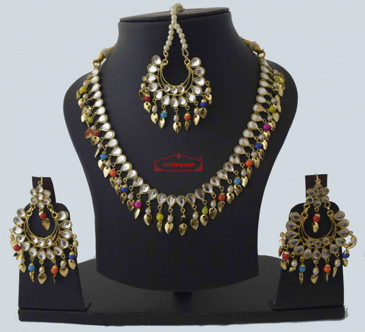 PJ- Kundan Set with Multicolour Beads & Pipal Patti J0562 – Punjabi Imitation Jewellery | Punjabi Bridal Jewellery