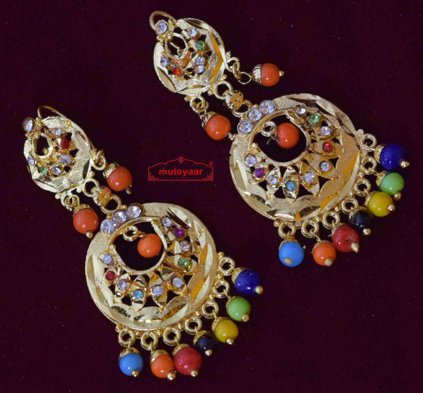 Multicolour Jadau Earrings J0566 – Cute Design 2 Inch Punjabi Earrings