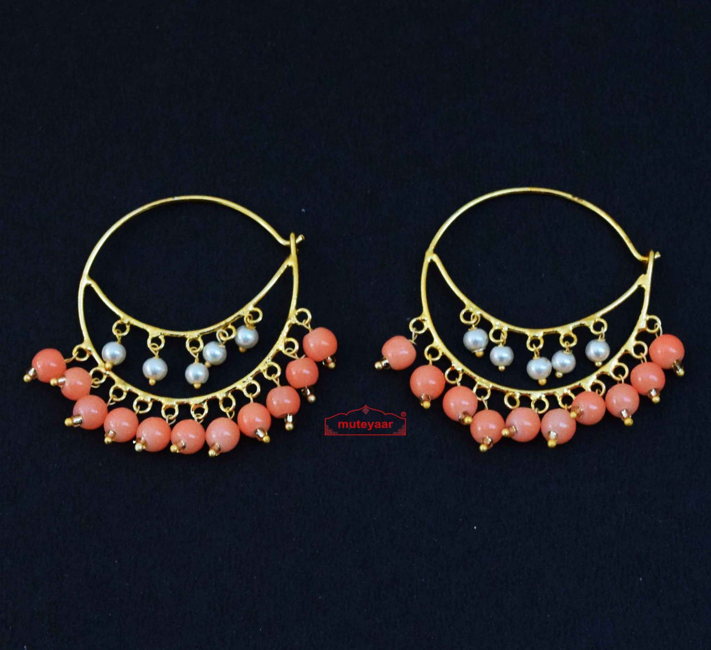 Punjabi Bali Earrings with Peach Moti J0613 – Traditional Punjabi Bali