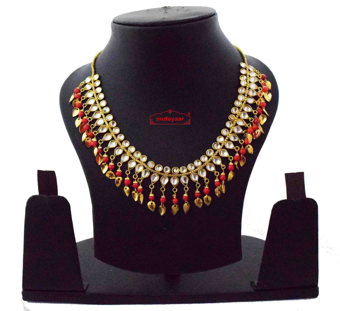 Red Kundan Chain J0616 – Punjabi Gold Colour Chain with Red Beads & Patti