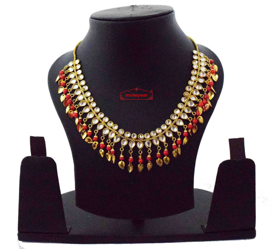PJ- Red Kundan Chain J0616 – Punjabi Gold Colour Chain with Red Beads & Patti | Punjabi Bridal Jewellery