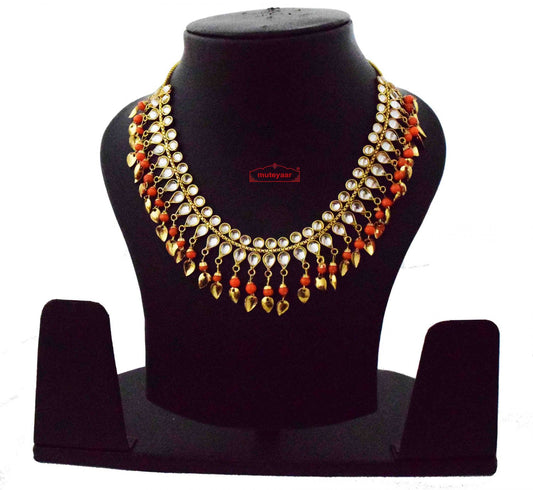 PJ- Punjabi Kundan Chain with Orange Beads & Golden Patti J0620 | Punjabi Bridal Jewellery