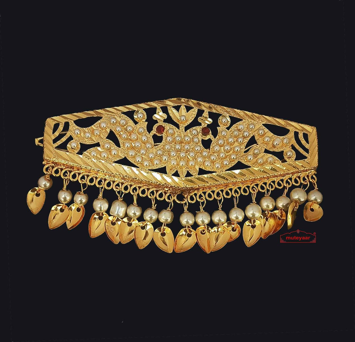 PJ- Long Jadau Hair Clip J0626 – Punjabi Jadau Hair Pin with White Beads | Punjabi Bridal Jewellery