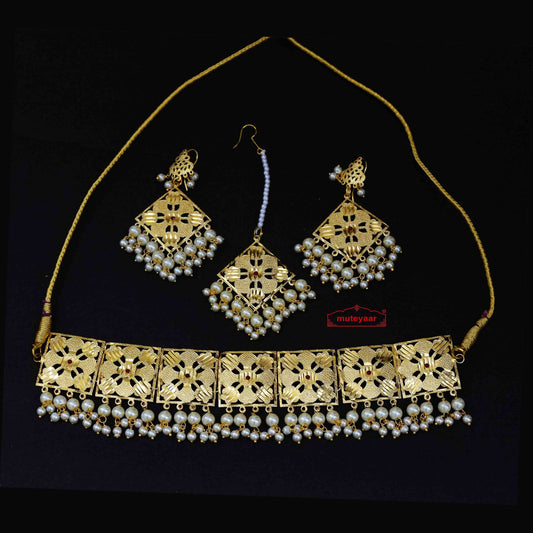 PJ- Golden Punjabi Choker Set J0629 | White Pearl Choker Necklace Two Sizes | Punjabi Bridal Jewellery