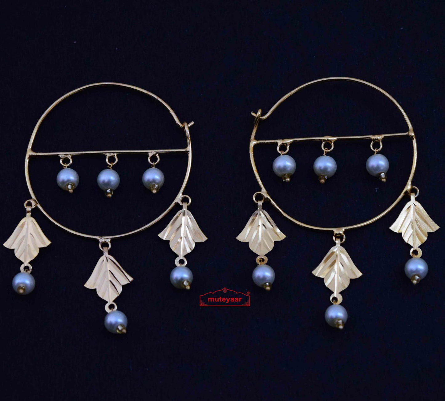 Golden Leaves Moti Bali Earrings J0630 | Lightweight Traditional Punjabi Bali