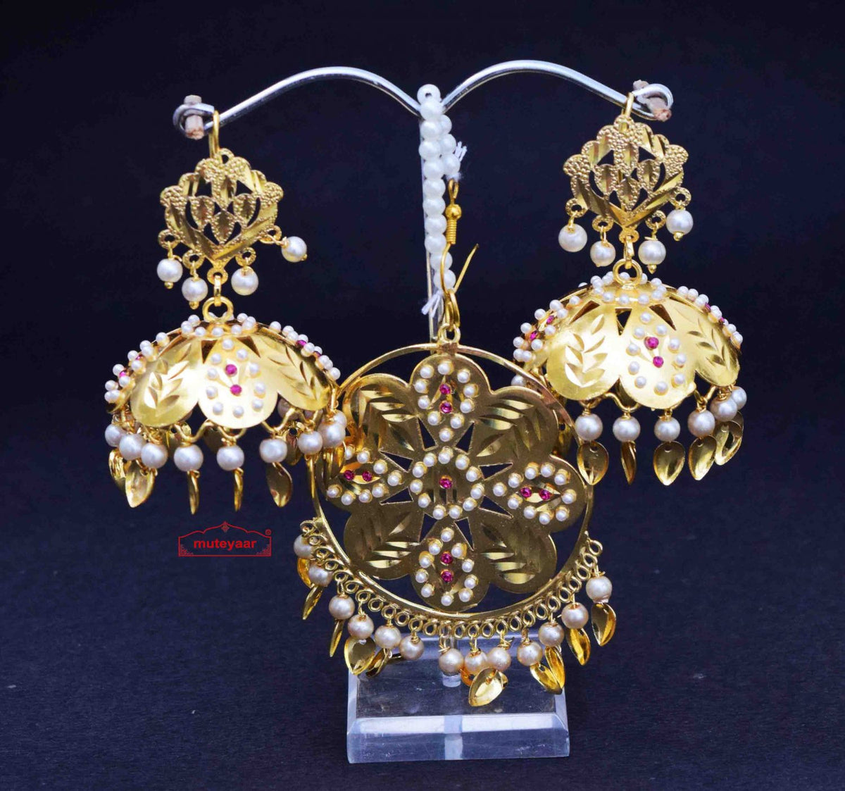 PJ- Big Jadau Tikka Jhumki Set J0632 – Maang Teeka Set Online | Punjabi Bridal Jewellery