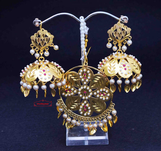 PJ- Big Jadau Tikka Jhumki Set J0632 – Maang Teeka Set Online | Punjabi Bridal Jewellery