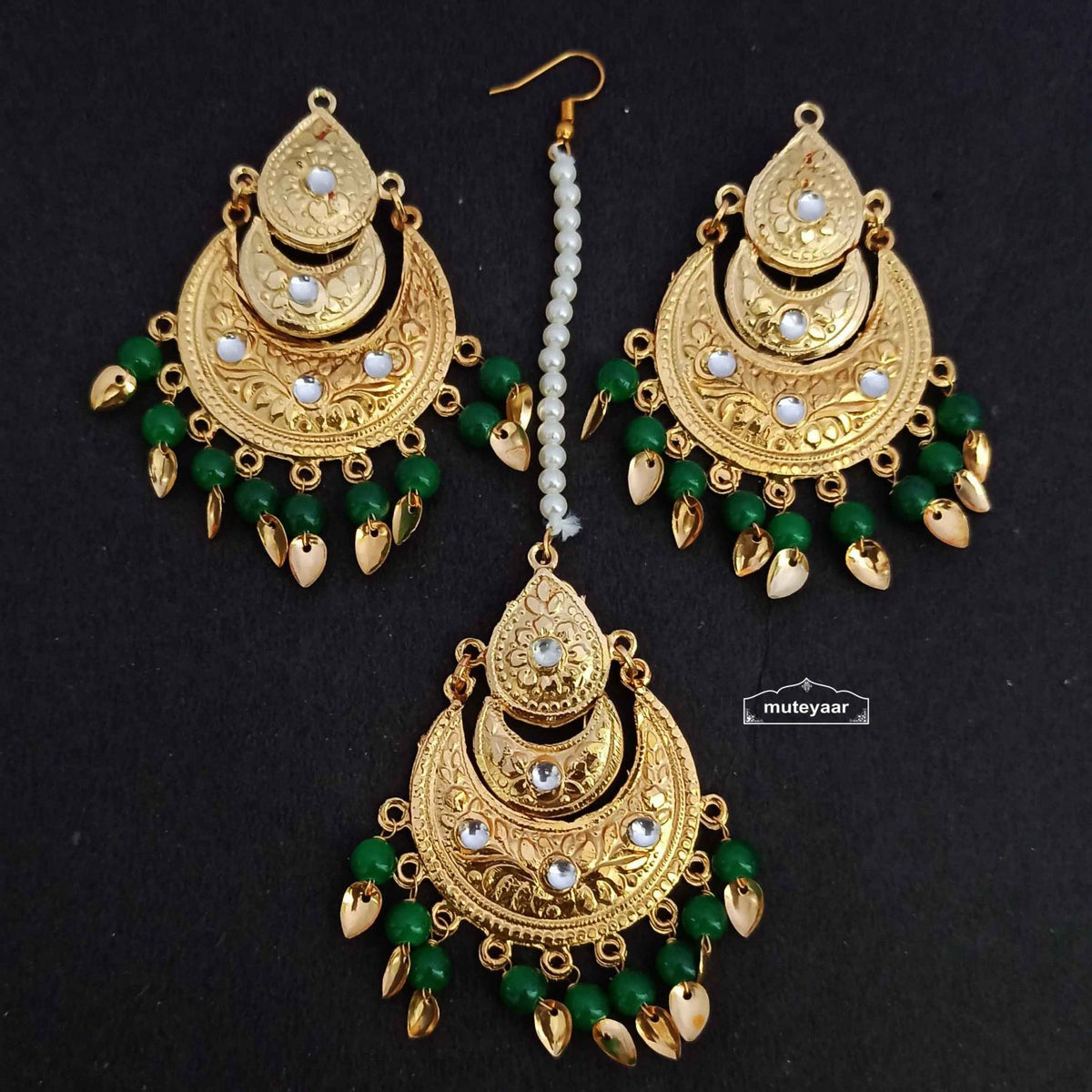 PJ- Golden Jadau Tikka Set J0638 – All Colours | Punjabi Tikka Jewellery Set | Punjabi Bridal Jewellery