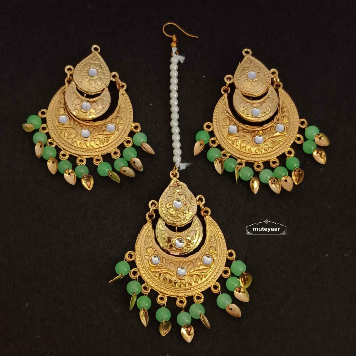 PJ- Golden Jadau Tikka Set J0638 – All Colours | Punjabi Tikka Jewellery Set | Punjabi Bridal Jewellery