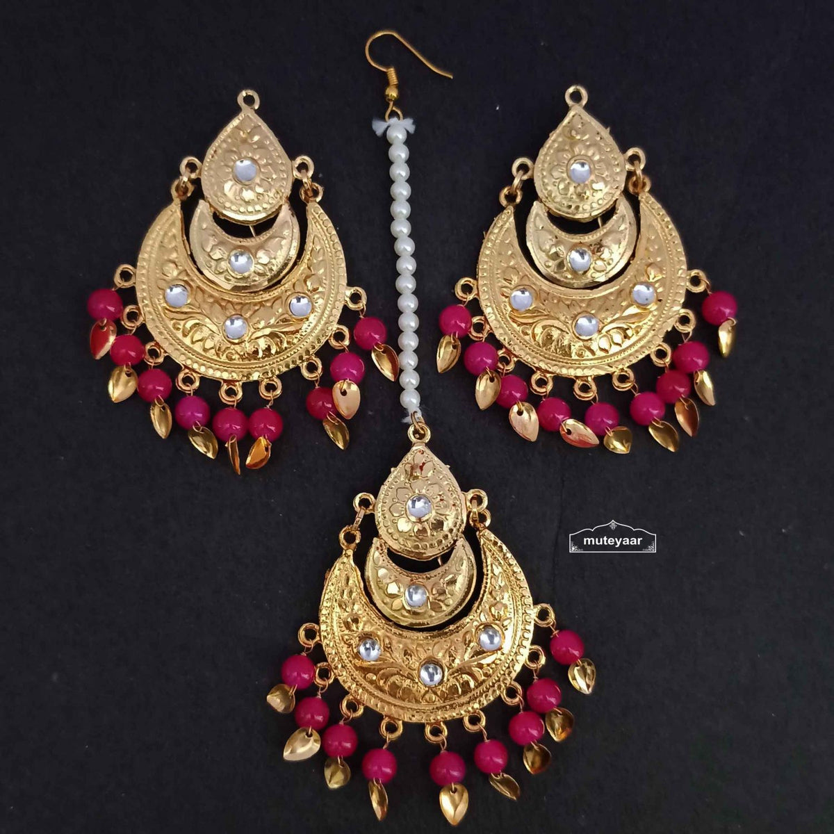 PJ- Golden Jadau Tikka Set J0638 – All Colours | Punjabi Tikka Jewellery Set | Punjabi Bridal Jewellery